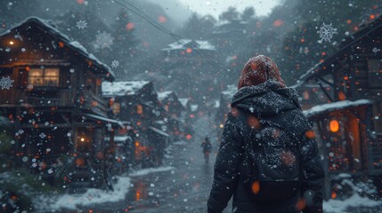 Snowy Street in a Japanese Village
