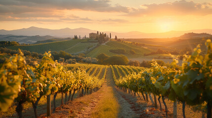 Tuscany landscape with vineyard. Vineyard Tour Tuscany, Travel & leisure magazine photo. - obrazy, fototapety, plakaty