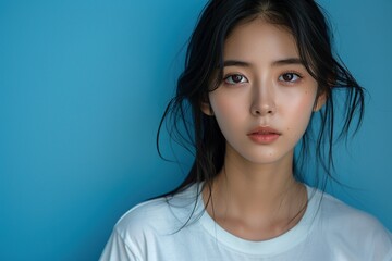 Fototapeta premium A captivating Korean beauty with stunning mid-length straight black hair, embodying a timeless 90s aesthetic, dressed casually in a white t-shirt against a clean background