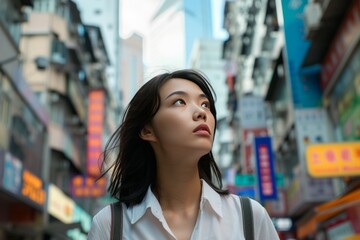 Asian woman exploring the city streets as a tourist or student generative ai