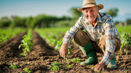 elderly man in a straw hat and green boots, squatting down in a field, touching the leaves of a young plant with a gentle and caring gesture.