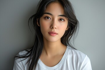 A charming Korean woman with beautiful mid-length straight black hair, exuding a nostalgic 90s aesthetic, donning a simple white t-shirt against a plain background