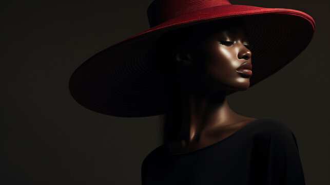 An African female fashion model adorned in a crimson hat, isolated on black background