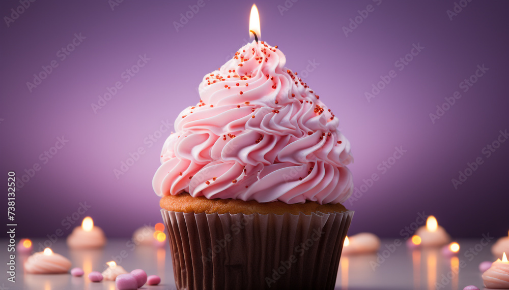 Wall mural Birthday candle burning on a pink cupcake with chocolate icing generated by AI