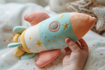 closeup baby's hand holding a soft toy rocket in pastel colors