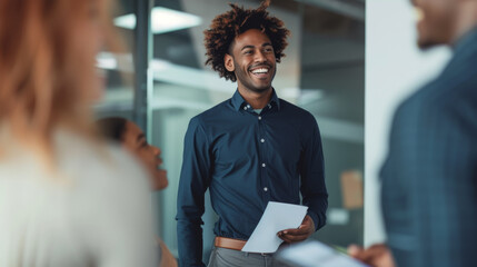 A man in a casual shirt is laughing and holding a document during a cheerful interaction with colleagues in an office setting.