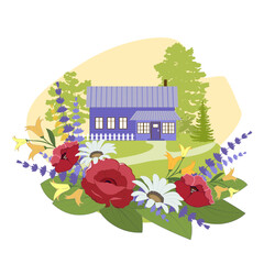 Rural house with trees and frame of flowers. Vector illustration.
