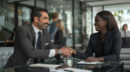 professional setting where a man and woman are engaging in a handshake, indicative of a business agreement or partnership.
