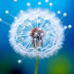 Close-up of a dandelion flower with seeds floating away