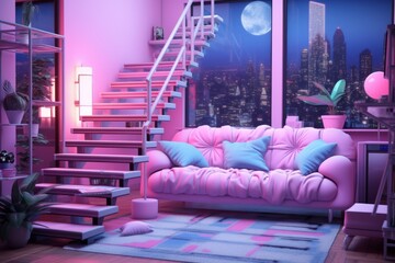A pink and blue living room with a city view