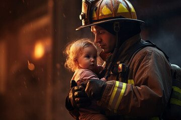 Generative AI photo of a professional firefighter saving small child from burning buildings