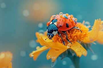 macro ladybug in water drops sits on a yellow flower with blurred bokeh background - Powered by Adobe
