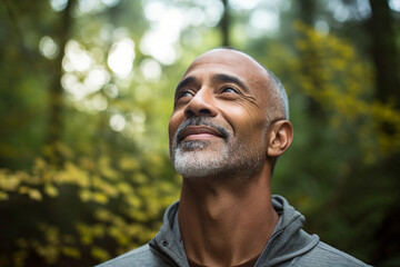 Portrait of happy person enjoying walk in forest fresh air and nice weather generative AI