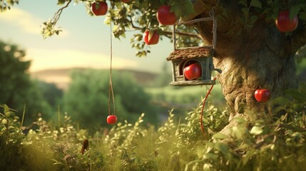 An apple tree  on a wire. Branch in the foreground with lovely red fruit is hazy. Lovely picture of...