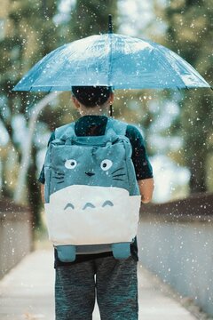 Ni&ntilde;o cargando con su paraguas y su mochila durante un d&iacute;a de lluvia