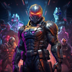 Fototapeta premium A group of soldiers in futuristic armor are standing in a dark room. The soldiers are all wearing helmets and carrying guns. The room is lit by a few spotlights.