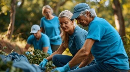 A team of retirees in matching ecofriendly tshirts cleaning up a park and sorting recyclables to reduce waste. - obrazy, fototapety, plakaty