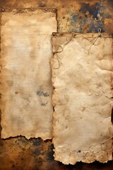 Two sheets of old parchment paper with torn edges and tied together with a piece of rope