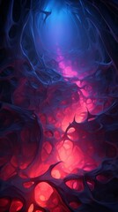 Vivid illustration of an alien cave with glowing blue and red crystals - obrazy, fototapety, plakaty