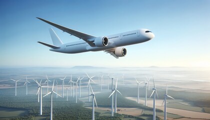 White airplane, sleek, high in blue sky, wind turbines underneath. The landscape under the airplane is green, with turbines for sustainability.