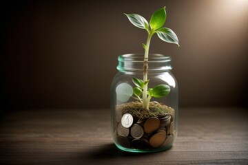 Green plant growing from coins in glass jar on black background. Investment and saving concept