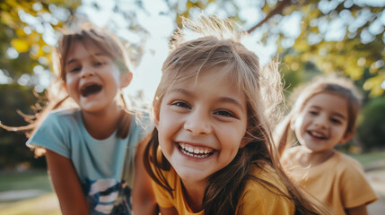 Group of smiling kids playing in a sunny park, laughter and joy, capturing the essence of childhood happiness - obrazy, fototapety, plakaty