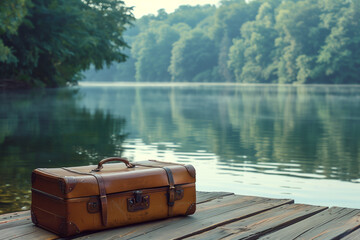 Vintage suitcase on a wooden dock, serene lake view, peaceful morning light, symbolizing a getaway...
