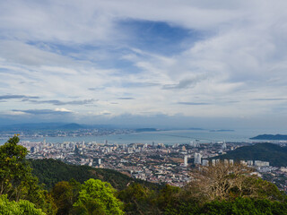 Panoramic scenery of Penang city sky line and city scape, George Town, Penang, the colorful, multicultural capital of the Malaysian island of Penang. Penang hill panoramic scenery