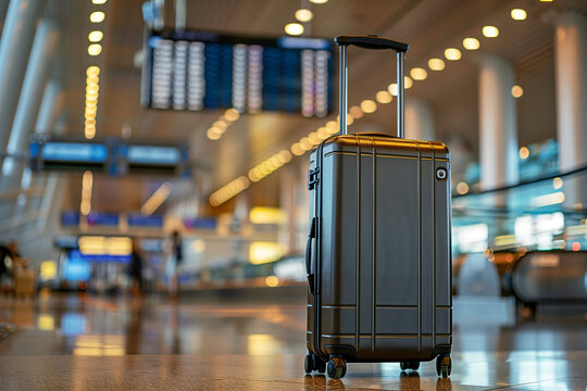 Modern hardshell suitcase standing in an airport terminal, sleek design, travel-ready, with flight information displays in the background - Powered by Adobe