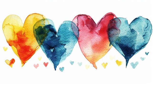 Colorful watercolor painted hearts