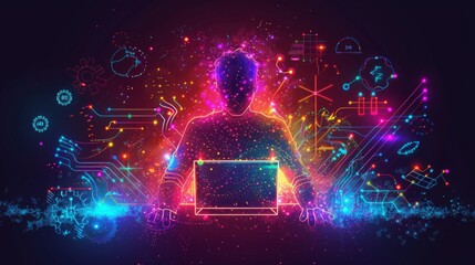 A person using laptop with glowing technology elements around