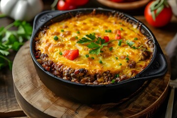 Detailed view of a South African bobotie dish, spiced minced meat with an egg-based topping, traditional recipe, stock photo.