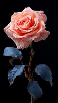 An illustration of a beautiful rose with peach petals and blue leaves on a black background