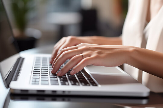 Photograph of Female Hands Working on a Laptop in Warm Tones, Radiating Comfort and Efficiency, Perfect for Professional Portfolios, Remote Work Advertisements, and Business Presentations