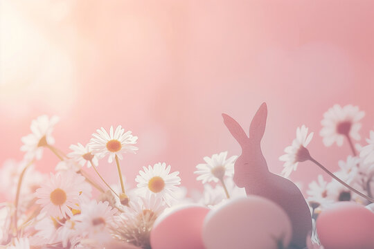 Easter banner with a bunny silhouette, pastel colored background, eggs and daisies, soft morning light