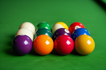 Close-up of snooker balls on a table, arrangement for the break, vibrant colors against green felt, anticipation of the game