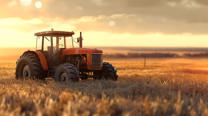 Fototapeta premium Tractor in wheat field at sunset. 