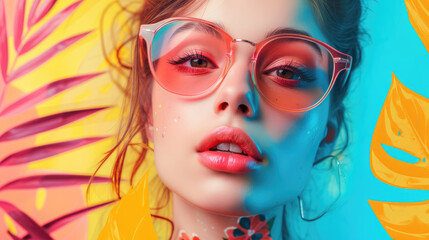 Fototapeta premium Vibrant portrait of a stylish woman with pink sunglasses surrounded by colorful tropical leaves.