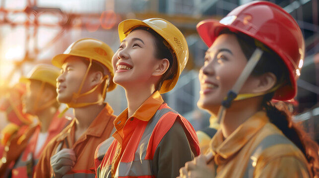 Happy group of Asian workers, clad in hard hats and construction uniforms