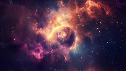 The Glowing Purple and Orange Nebula with a Glowing Planet