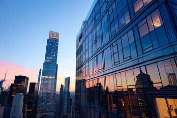 Majestic view of a skyscraper towering over the cityscape at sunrise, its glass facade reflecting the warm hues of the morning sky, emphasizing the blend of architecture and nature