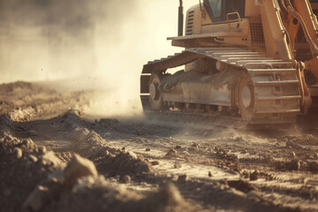 Side view of a bulldozer moving through a dusty construction site - obrazy, fototapety, plakaty