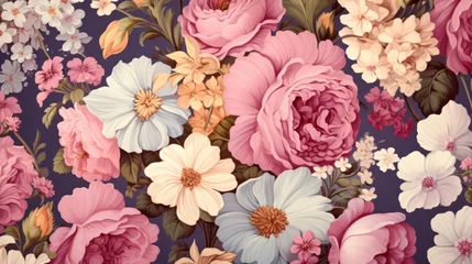 Fototapeten Vintage floral seamless pattern with pink and white roses, peonies, and other flowers on a dark background © Molostock