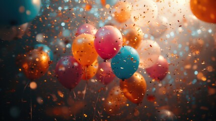 Surprise Party theme. Friends organize a surprise party to celebrate victory or lottery win, filling the room with balloons, confetti, and cheers of congratulations joyful - obrazy, fototapety, plakaty