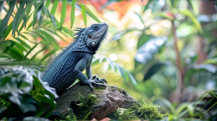 Obraz premium A blue iguana on a rock in a lush green jungle setting