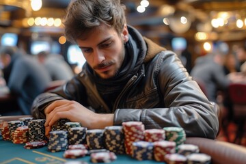Man in casino. A skilled poker player competes in high-stakes tournaments at the casino, using their strategic prowess and poker face to outwit opponents and win big prizes - obrazy, fototapety, plakaty