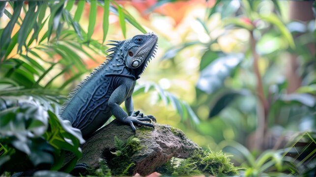 A blue iguana on a rock in a lush green jungle setting