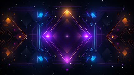 A symmetrical geometric pattern with glowing neon lines and shapes.