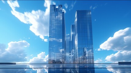 Beautiful skyscraper with contemporary architecture against a skyline of blue.