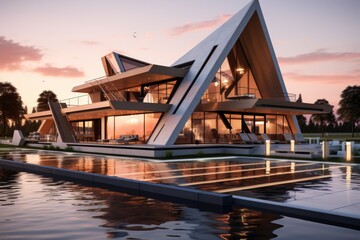Modern lakeside house with geometric shapes